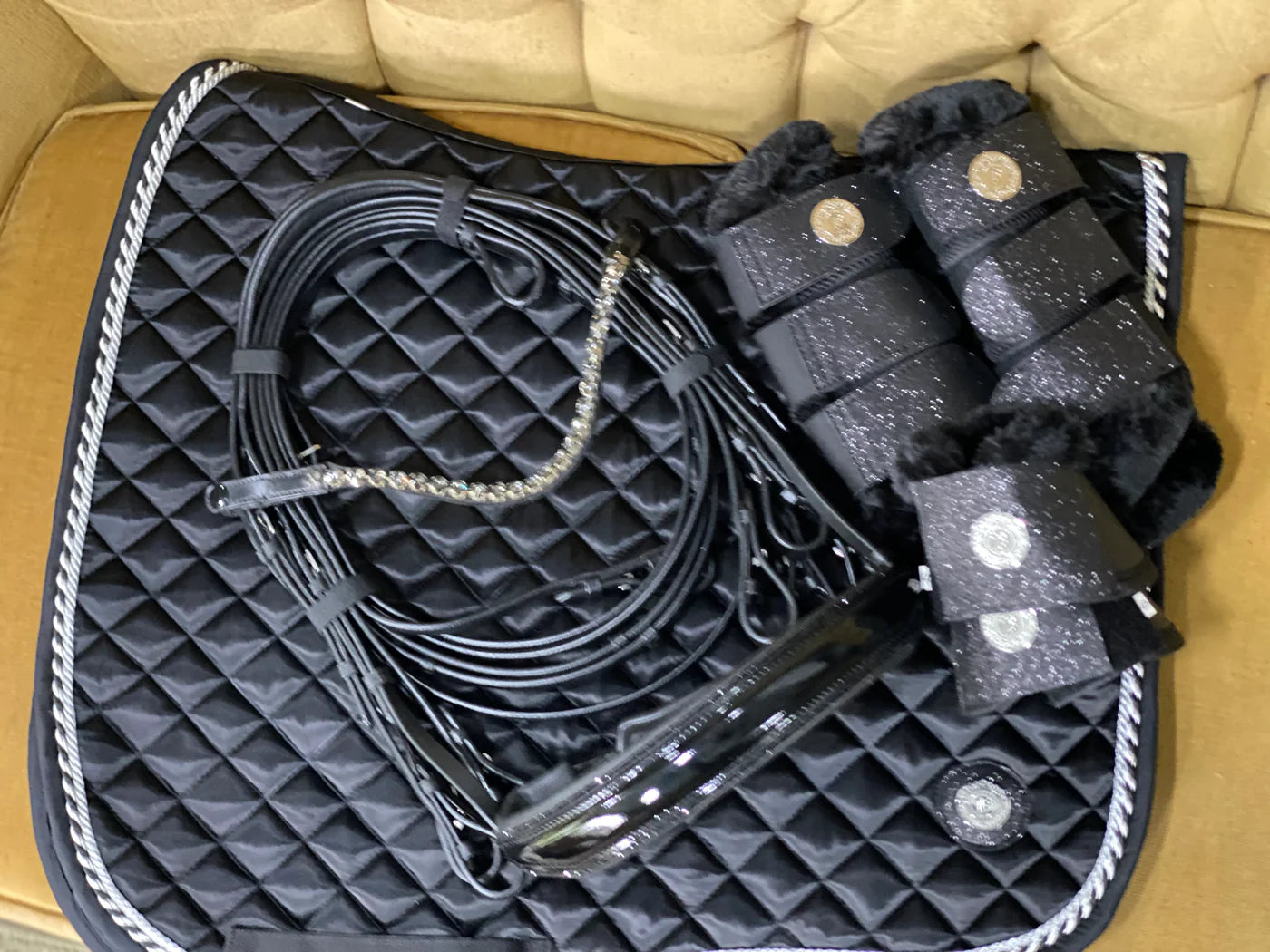 Horse brushing boots -Black Sparkle Exercise Boots & matching bell boots