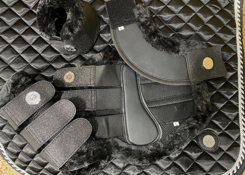 Horse brushing boots -Black Sparkle Exercise Boots & matching bell boots