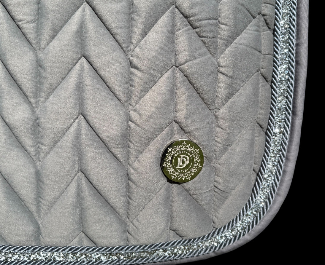 Dressage Saddle Pad -GREY Velvet  Saddle Pad – Crushed Crystal Trim | Full Size