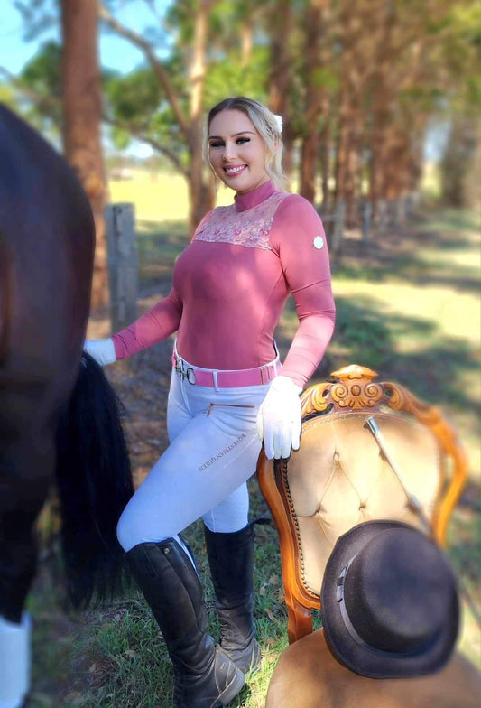 AUSTRALIAN MADE Pink long sleeve equestrian shirt with floral lace embroidery insert THE EVORA