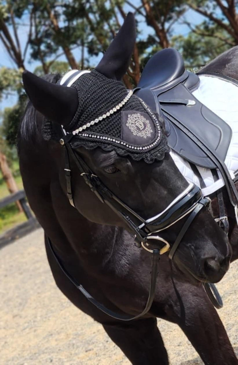Premium Snaffle Dressage Bridle with white trim piping | Black Leather