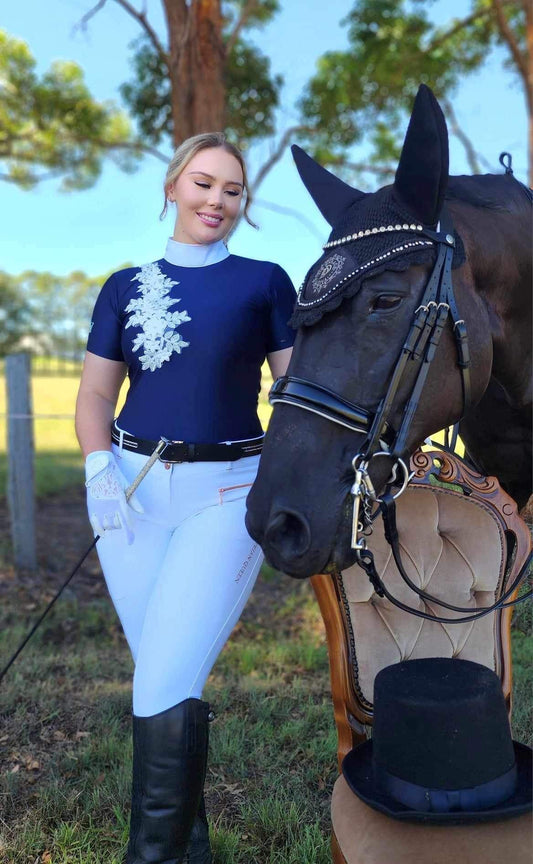 SHORT Sleeve Competition Shirt in NAVY with WHITE LACE  Applique “Bonnie navy “