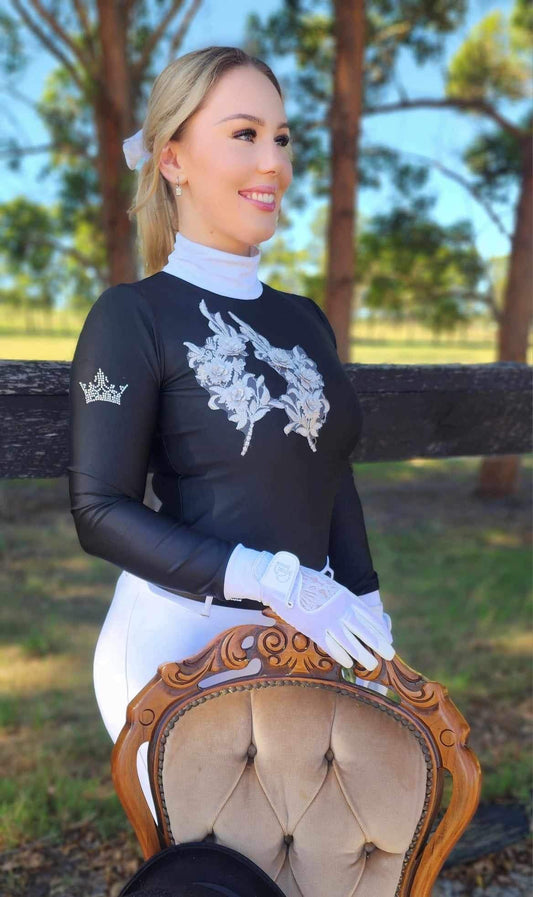 Long Sleeve Competition Shirt in BLACK with grey lace applique “ Bonnie “