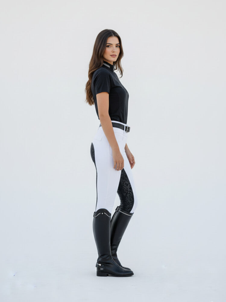 Equestrian Competition tights -Premium competition white tights with Black swirl seat  The CHLOE Black