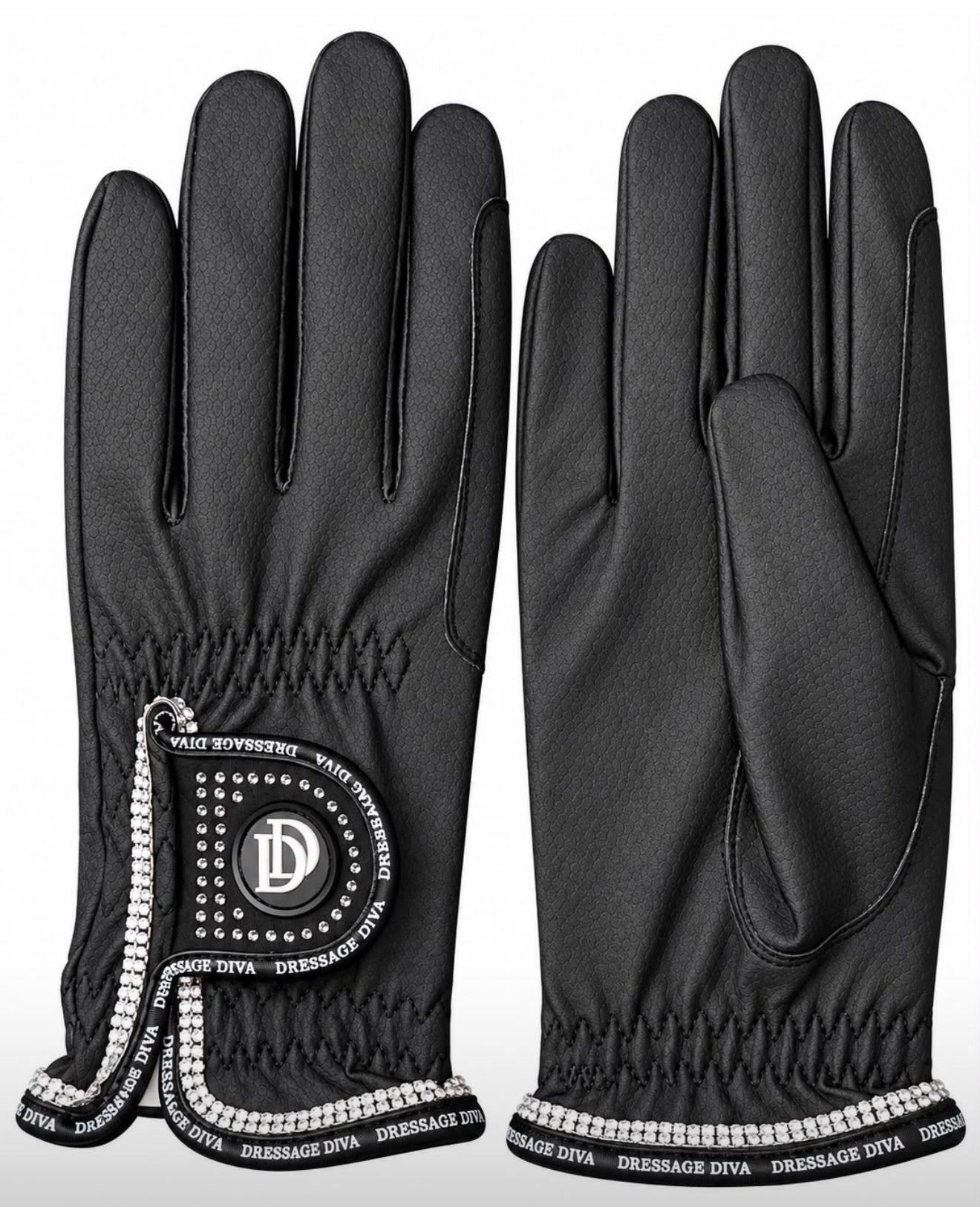 Quality Dressage Diva black  Serino Gloves with diamonte trim breathable