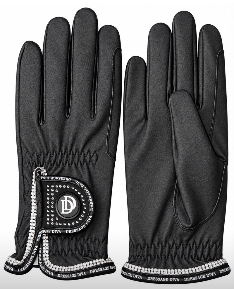 Quality Dressage Diva black  Serino Gloves with diamonte trim breathable