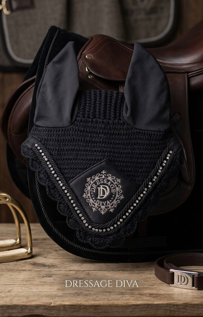 Soft Ear Bonnet| Embroidered silver logo & diamanté crystals in BLACK or NAVY