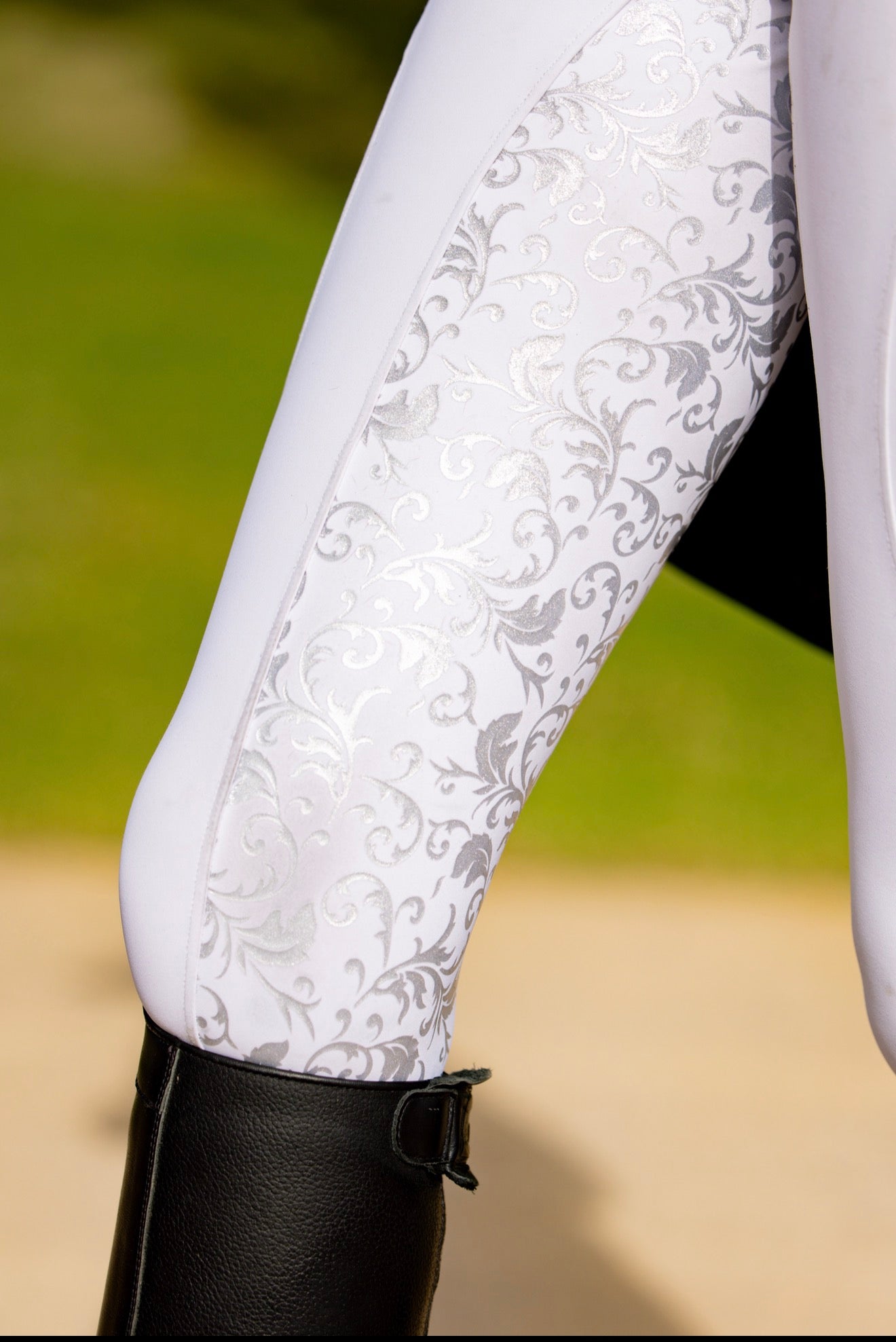 Equestrian competition tights - Premium competition white tights with silver swirl seat  The CHLOE Silver
