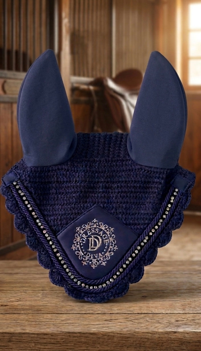 Soft Ear Bonnet| Embroidered silver logo & diamanté crystals in BLACK or NAVY