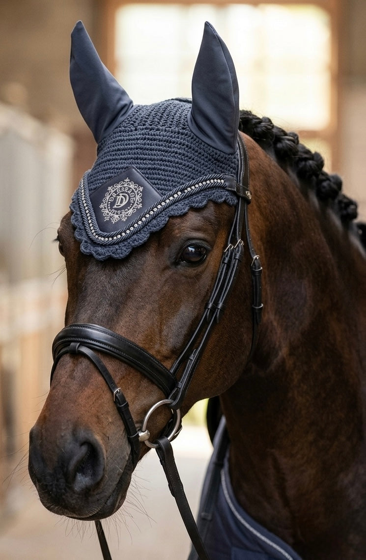 Soft Ear Bonnet| Embroidered silver logo & diamanté crystals in BLACK or NAVY