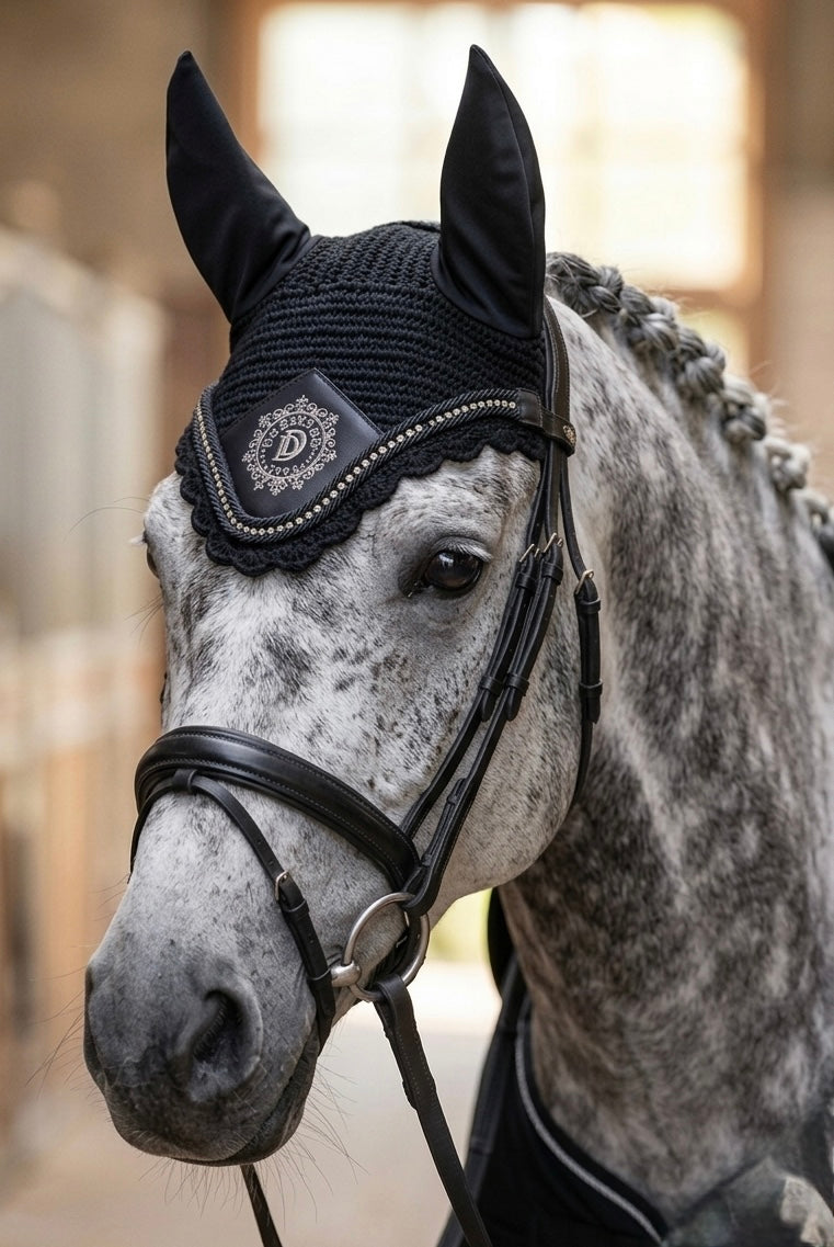 Soft Ear Bonnet| Embroidered silver logo & diamanté crystals in BLACK or NAVY