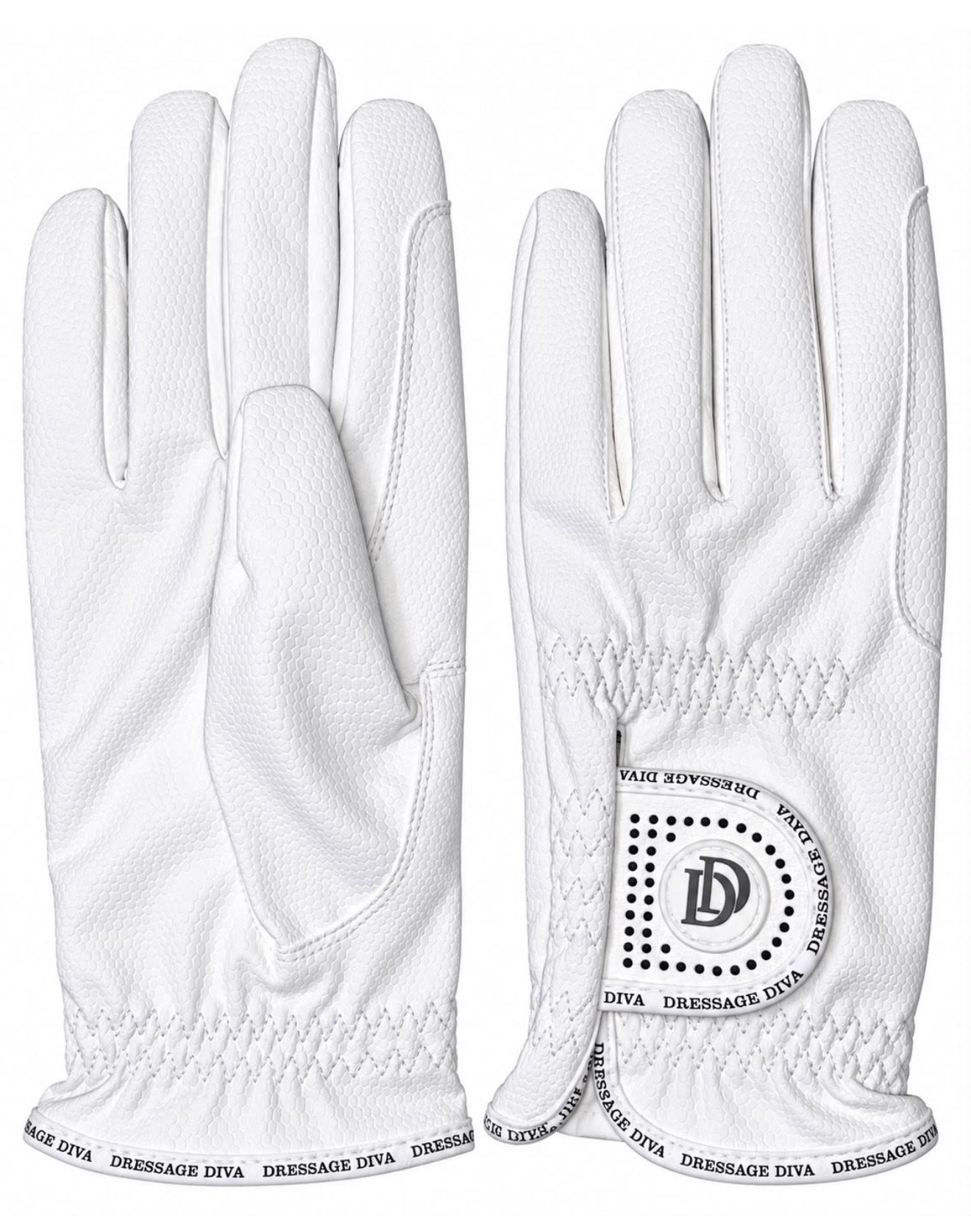 Quality Dressage Diva white Serino riding gloves, front and back