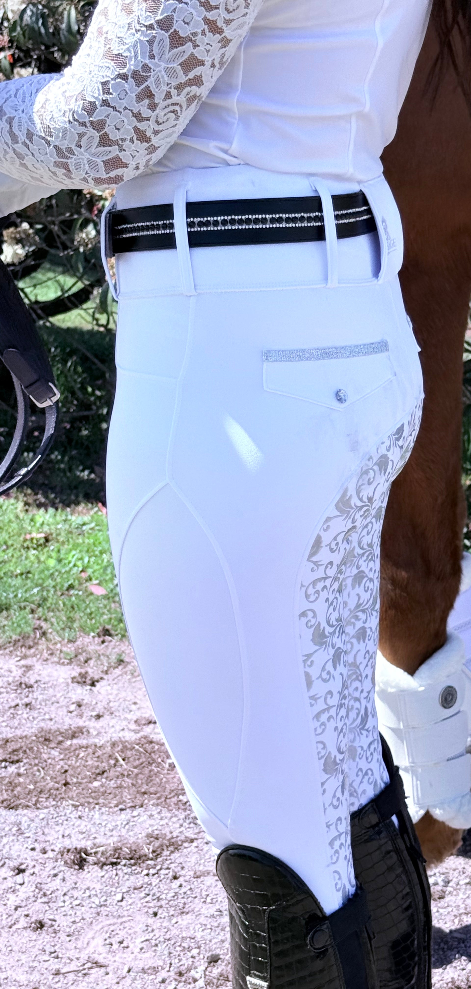 Premium competition white tights with silver swirl seat  The CHLOE Silver