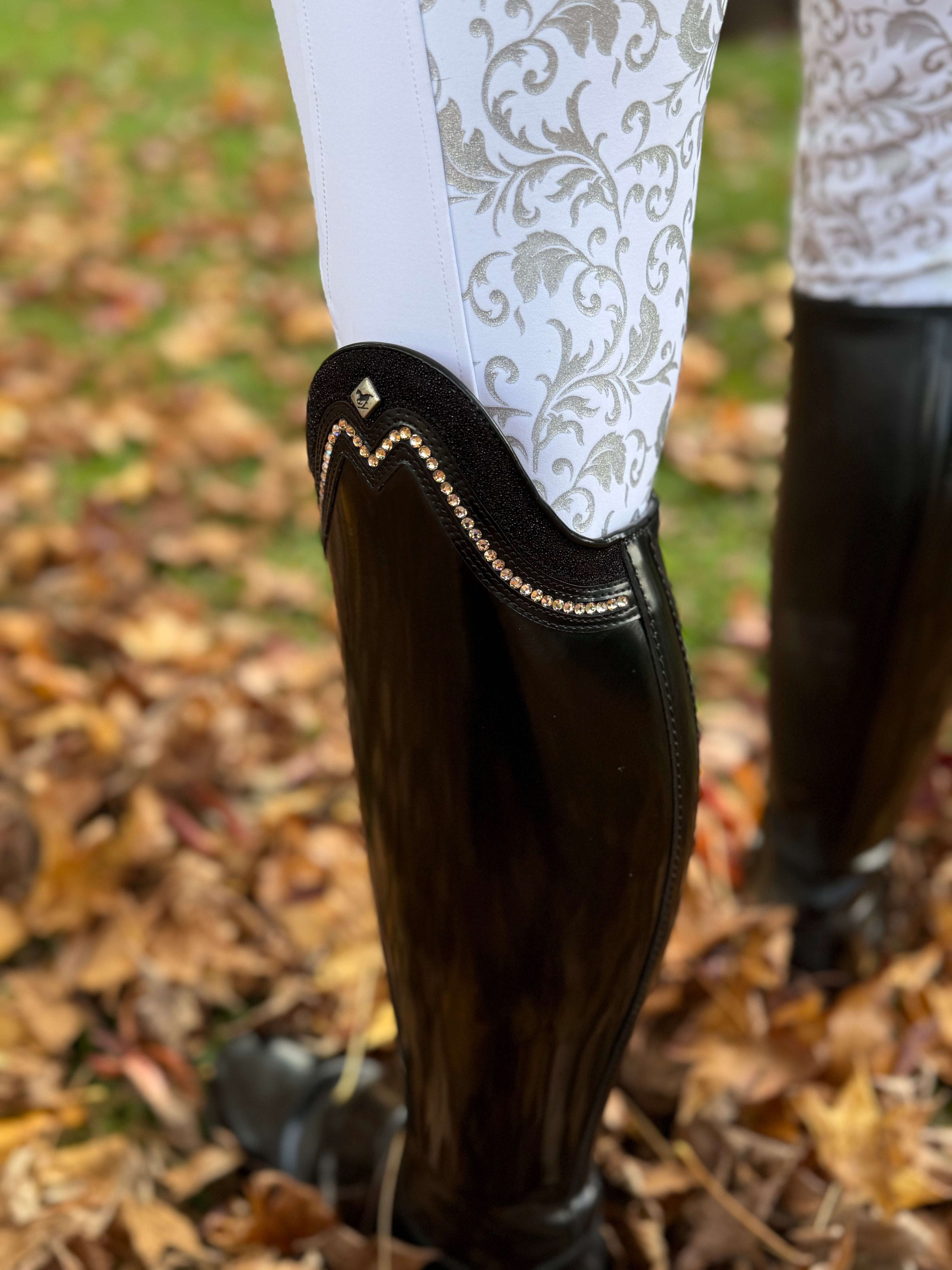 Premium competition white tights with silver swirl seat  The CHLOE Silver