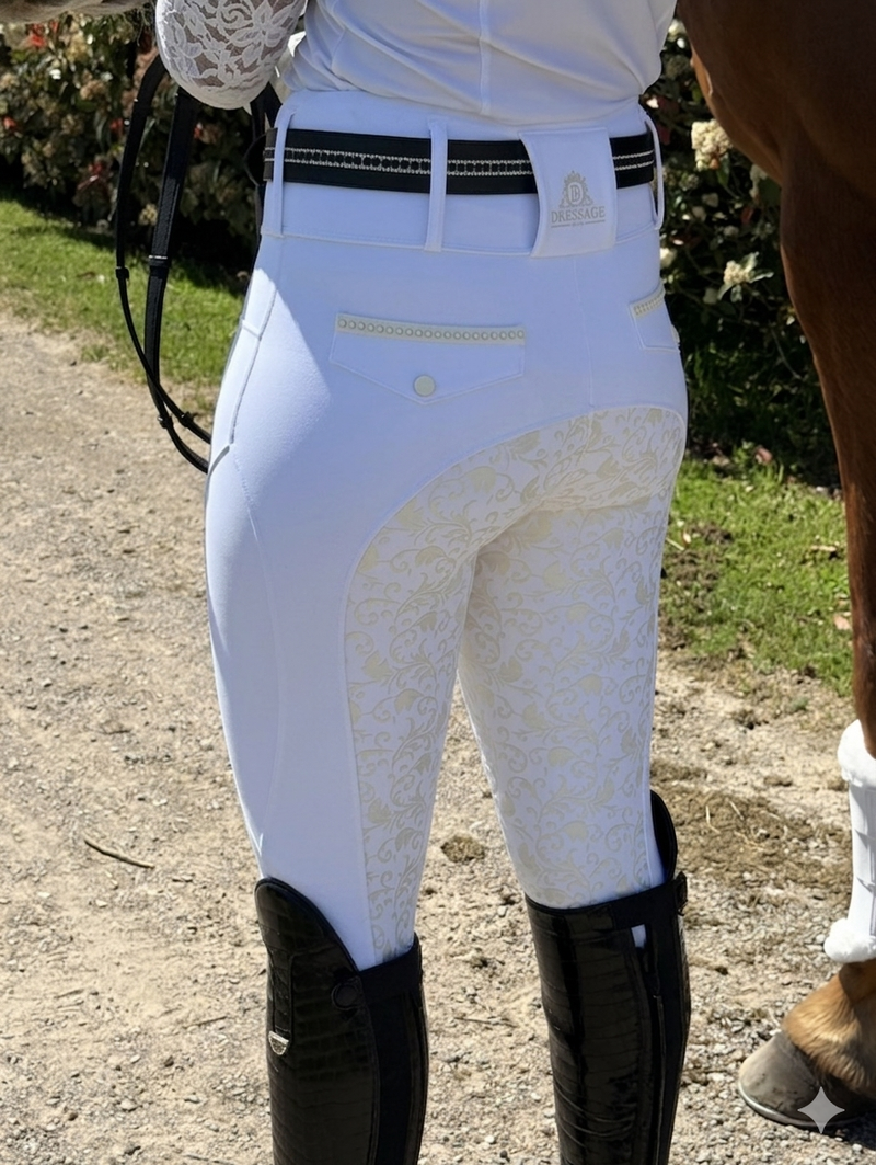 Equestrian competition tights - Premium competition white tights with off white  swirl seat  The CHLOE WHITE