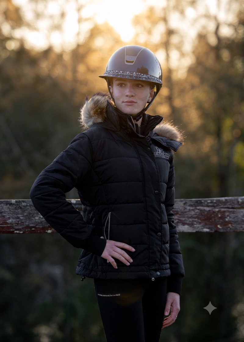 Winter   Equestrian PUFFER Jacket with faux fur hood