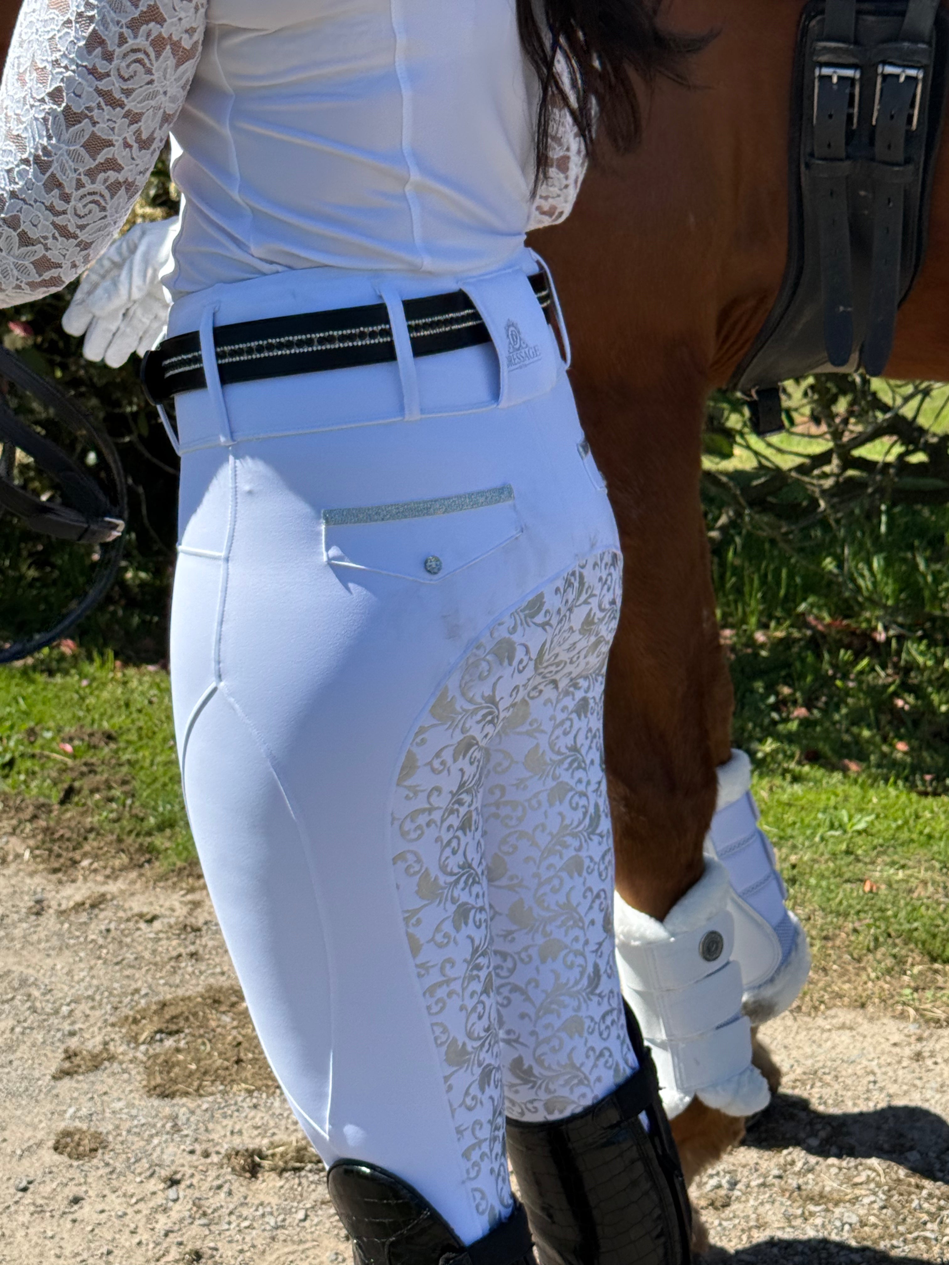 Premium competition white tights with silver swirl seat  The CHLOE Silver