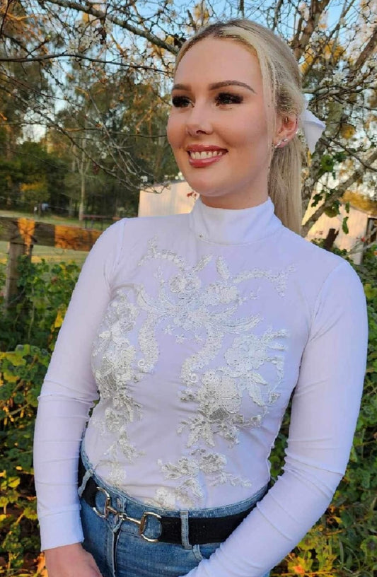 Long Sleeve Competition Shirt with Full White embroidery appliqueo