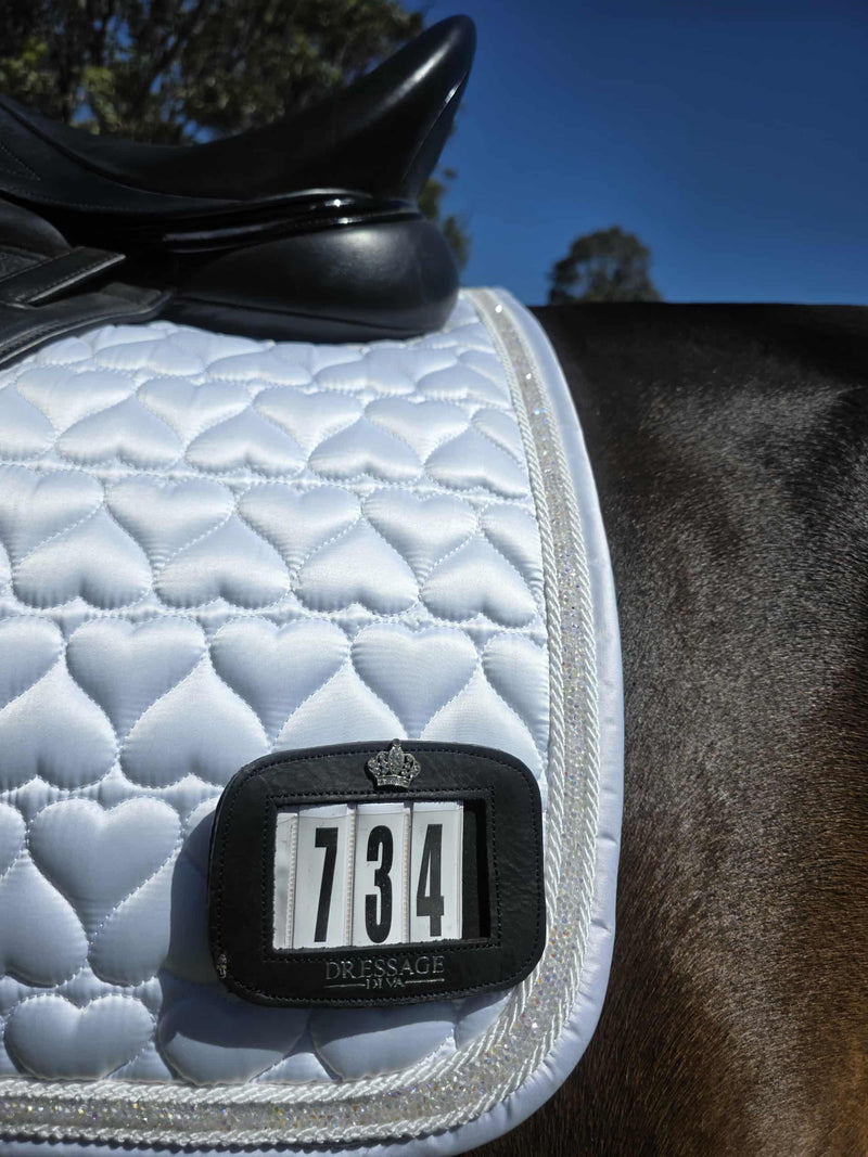 Competition Saddle Pad Satin Heart Shape pattern with crushed clear crystal trim