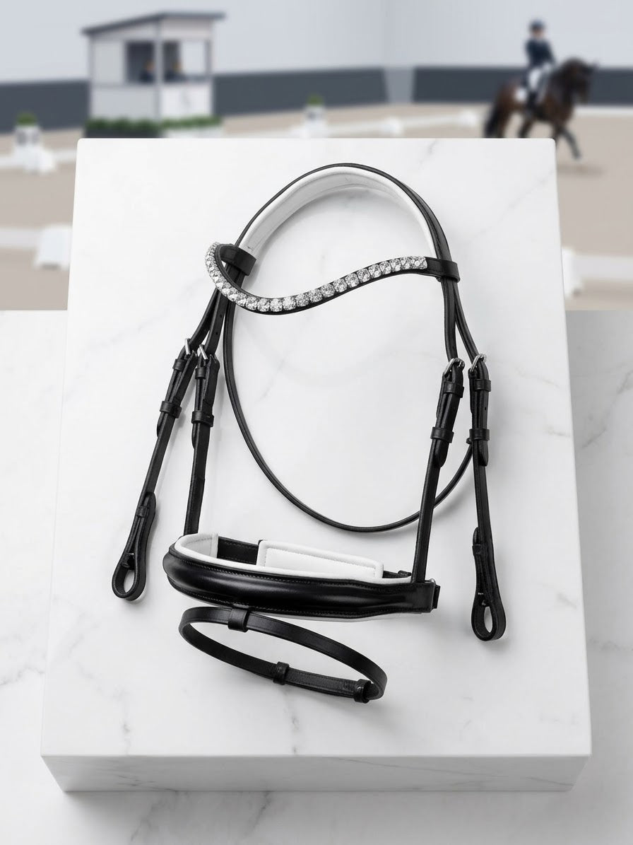 Snaffle  Dressage Bridle with white trim piping | Black patent leather noseband clip on curve browband