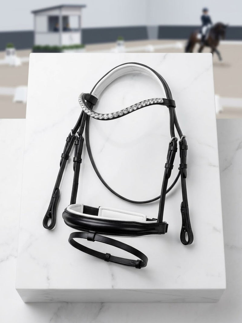 Snaffle  Dressage Bridle with white trim piping | Black patent leather noseband clip on curve browband