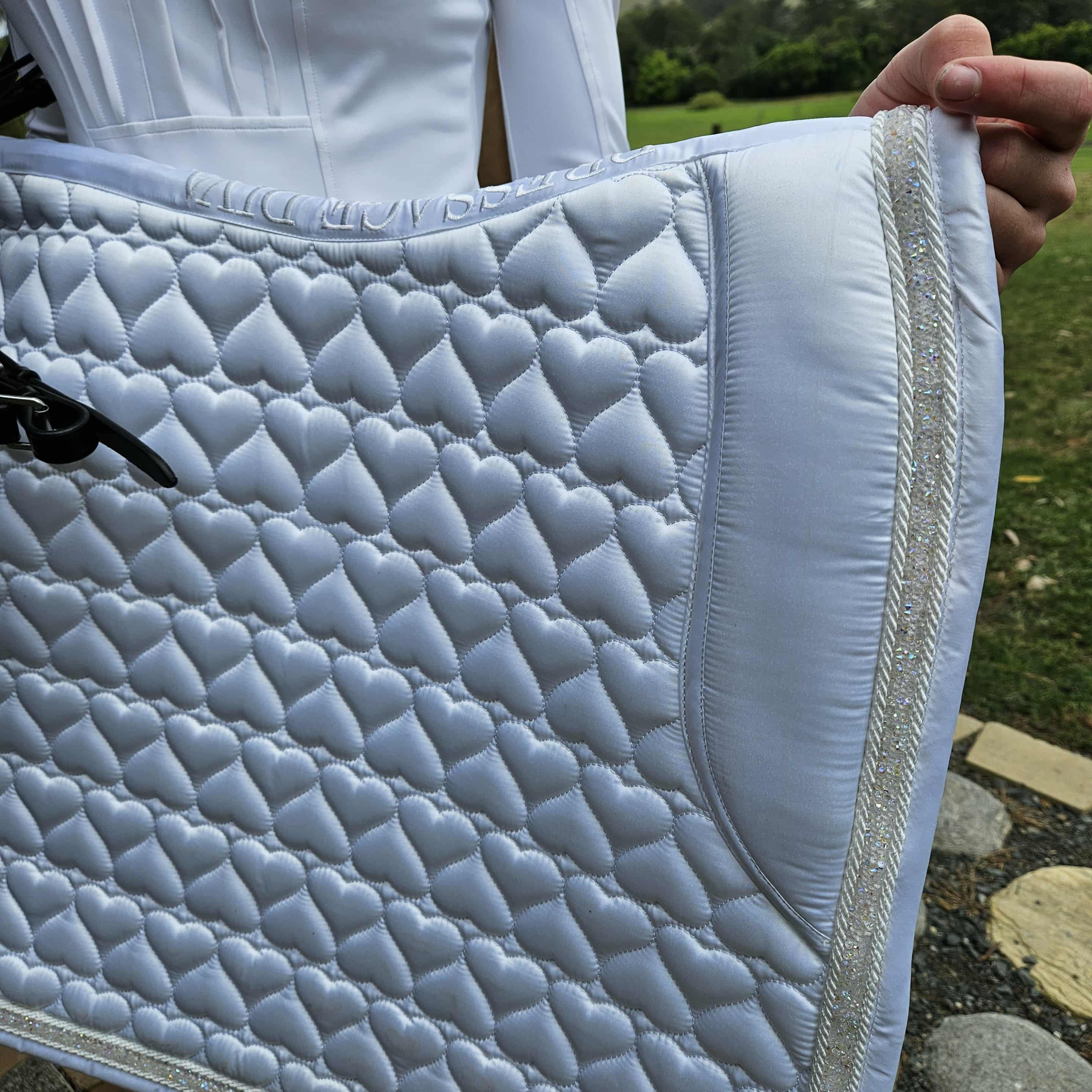Competition Saddle Pad Satin Heart Shape pattern with crushed clear crystal trim