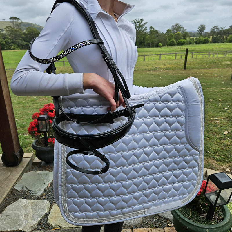 Competition Saddle Pad Satin Heart Shape pattern with crushed clear crystal trim