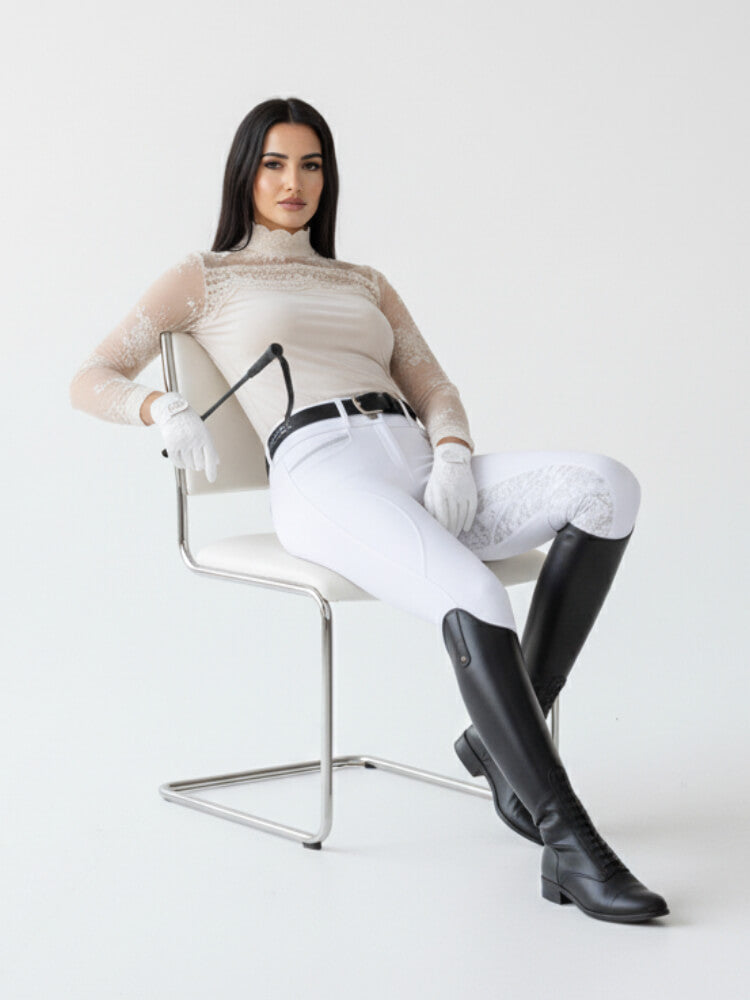 Premium competition white tights with silver swirl seat  The CHLOE Silver