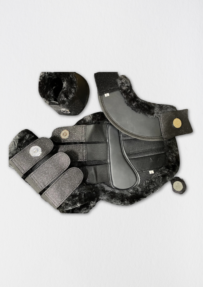 Horse brushing boots -Black Sparkle Exercise Boots & matching bell boots