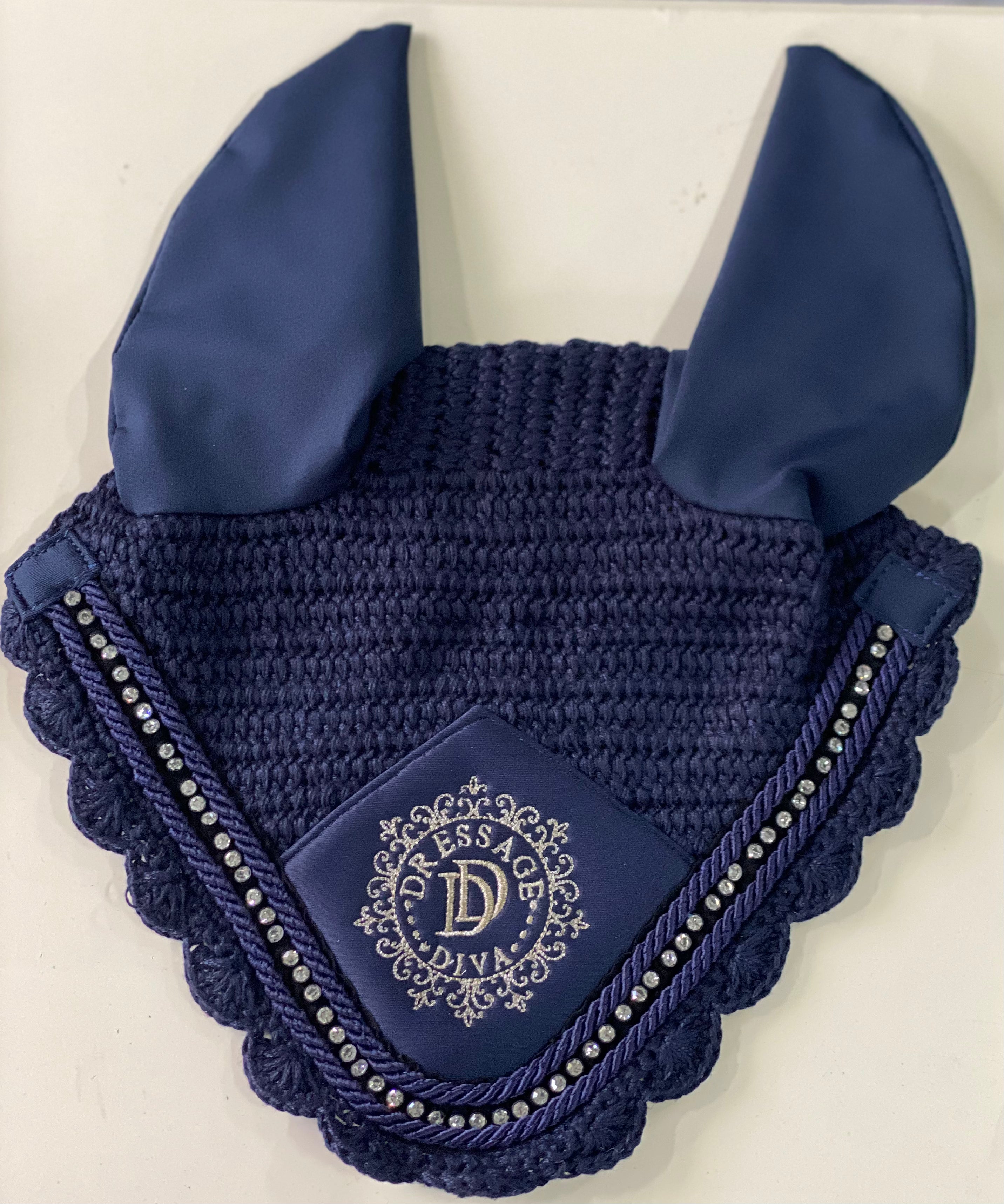 Soft Ear Bonnet| Embroidered silver logo & diamanté crystals in BLACK or NAVY