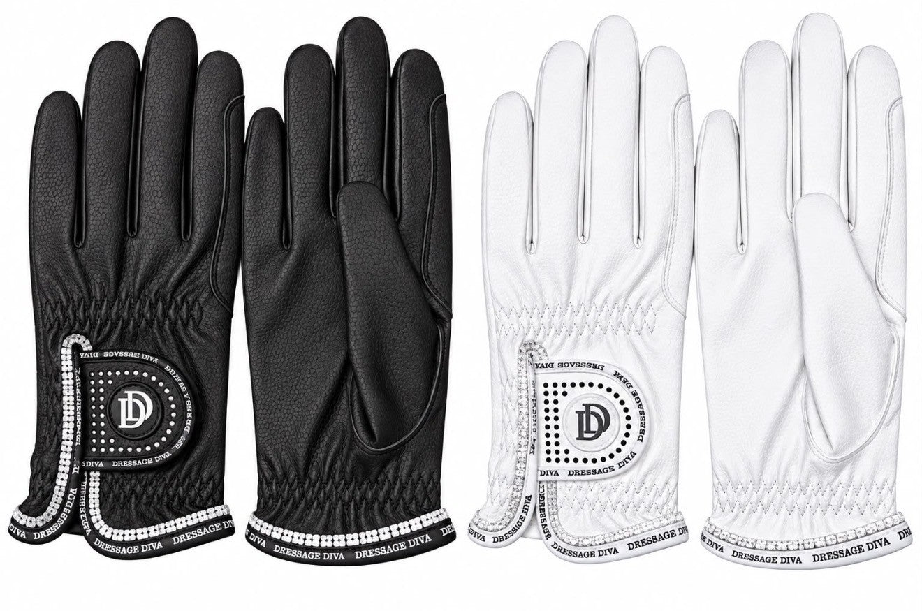 Quality Dressage Diva Serino riding gloves in black and white, with crystal logo trim
